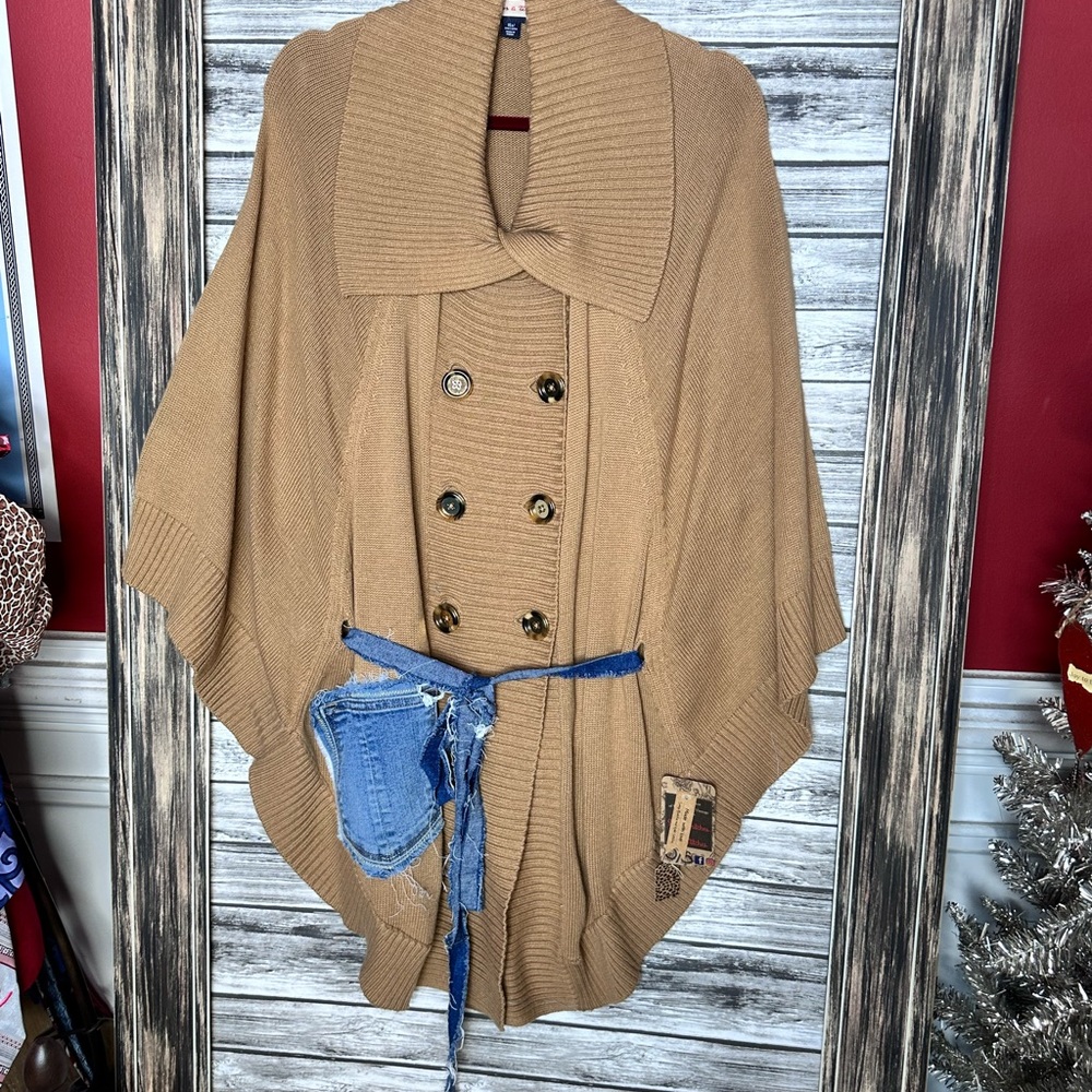 Tan and Blue Poncho Sweater with Shawl Collar